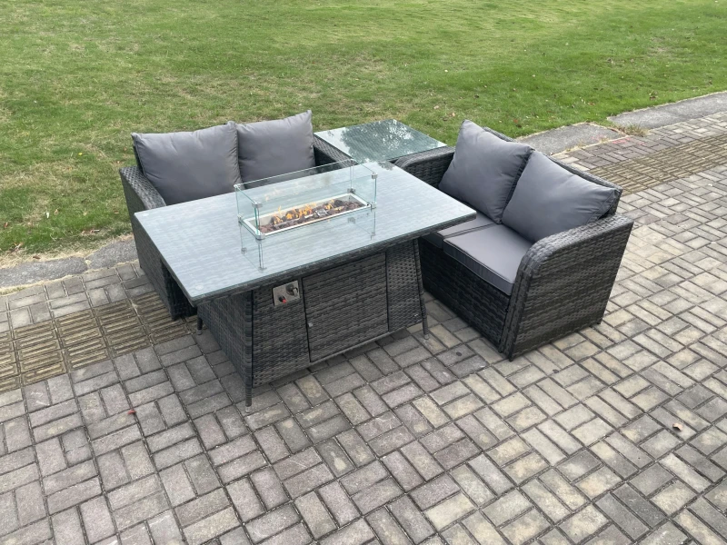 Image of Fimous Rattan Garden Furniture Set with Gas Fire Pit Table 4 Pieces Outdoor Loveseat Sofa Set Dark Grey Mixed Dark Grey