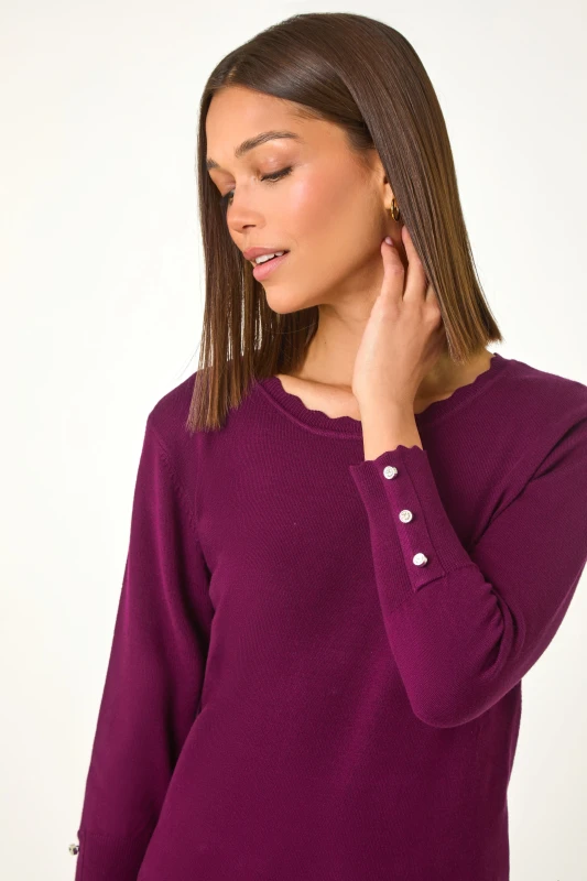 Image of Roman Diamante Button Scallop Edge Jumper Burgundy