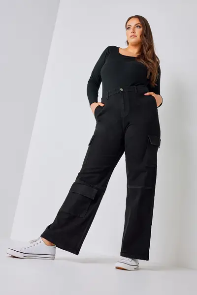 Image of Yours Wide Leg Pocket Cargo Trousers Black