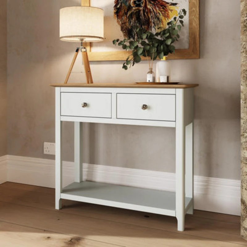 Image of FWStyle Solid Oak 2 Drawer Console Table White Linen Large Oak Top Painted Finish White