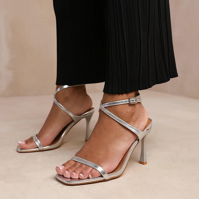 Image of Where's That From 'Flordia' Cross Over Strap Barely There High Heels Silver