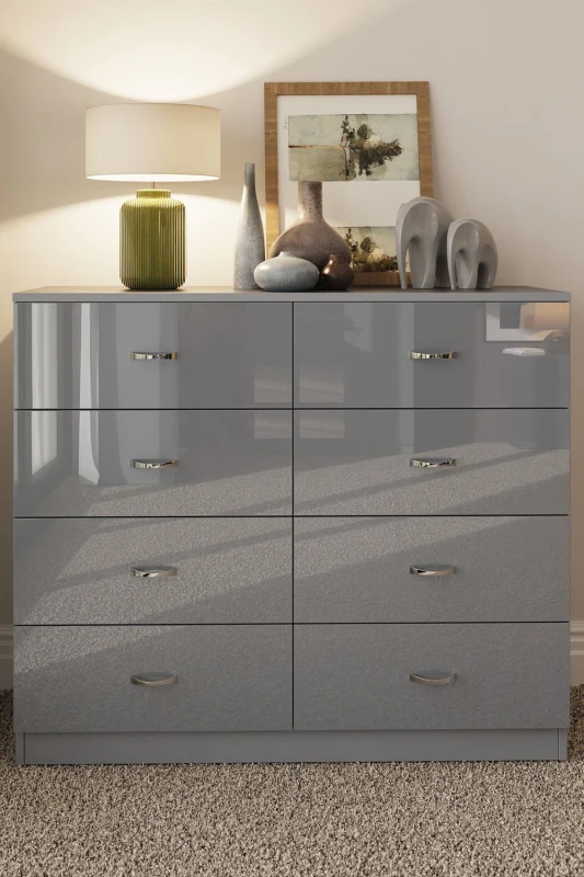 Image of FWStyle FWStyle Large 8 Drawer High Gloss Chest Of Drawers in Grey Grey One Size Male 5056413121226