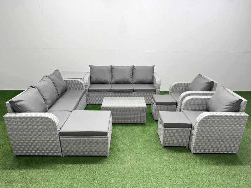 Image of Fimous PE Rattan High Back Lounge Sofa Set Patio Coffee Table & Chairs Set with 3 Seater Sofa Reclining Chair 3 Stools Side Table Light Grey Light Gre