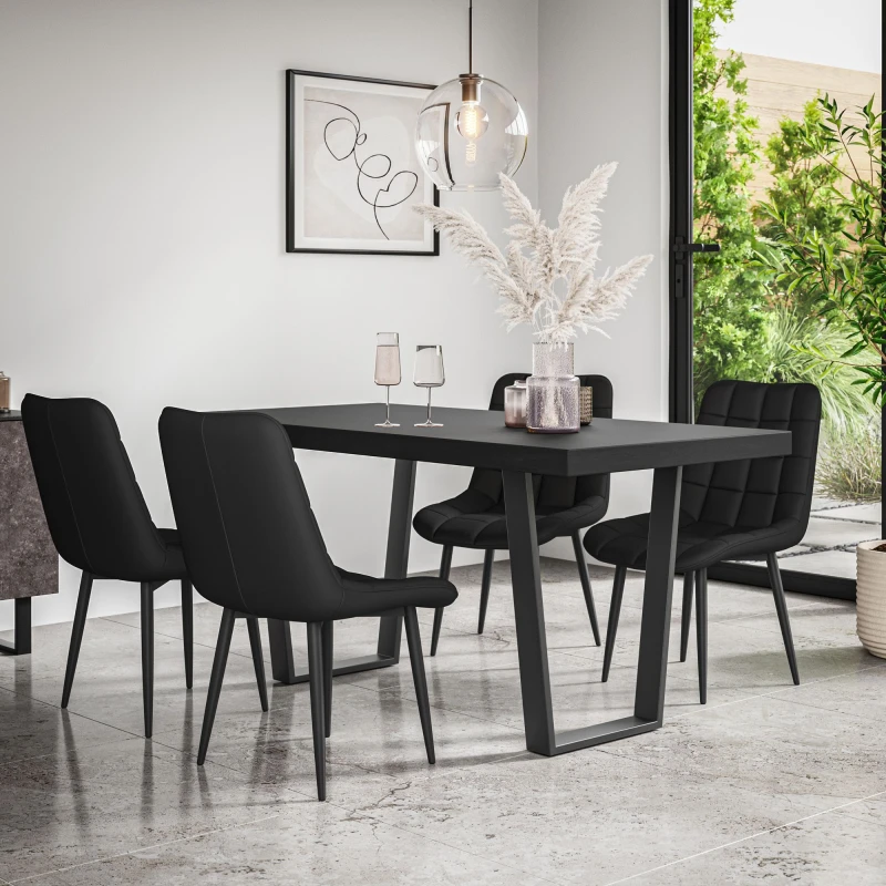 Image of More4Homes Aria Dining Table And Chairs - Black Table Top W Black Legs + Nova Faux Leather Dining Chair Set Of 4 (Black)