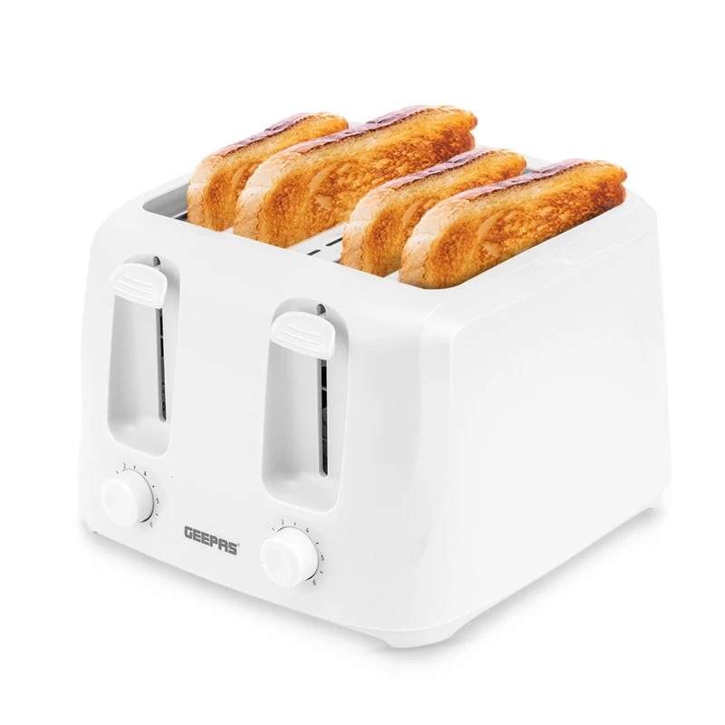 Image of Geepas 4 Slice Toaster Family Size Bread Toaster 6 Variable Browning Control 1400W White