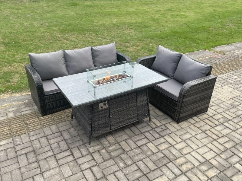 Image of Fimous Rattan Garden Furniture Set with Gas Fire Pit Table 3 Pieces Outdoor Lounge Sofa Set Dark Grey Mixed Dark Grey
