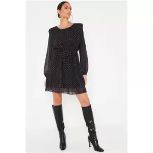Image of I Saw It First Black Polka Dot Chiffon Shoulder Pad Skater Dress - Black