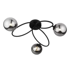 Image of Ellipse Semi Flush 3 Light Globe Lamp Satin Black, Smoked Mirrored Glass