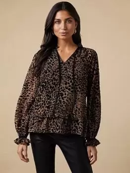 Image of Wallis Animal Print Velvet Tie Neck Blouse - Brown, Size 16, Women