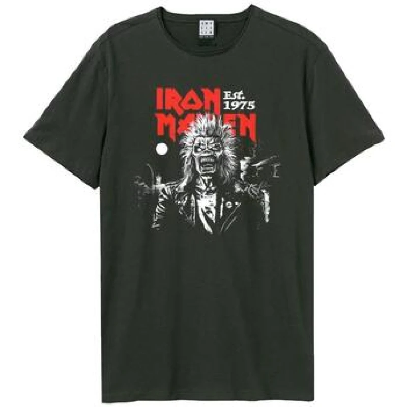 Image of Amplified Amplified Men 50th 2 Colour 1975 Eddie Iron Maiden T-Shirt in Charcoal Size: X-Small Charcoal XS Male 5063806407799