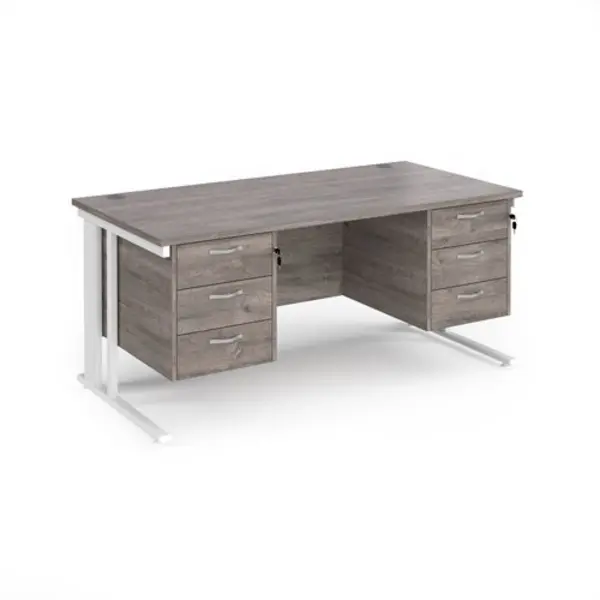 Image of Maestro 25 straight desk 1600mm x 800mm with two x 3 drawer pedestals - white cable managed leg frame, grey oak top