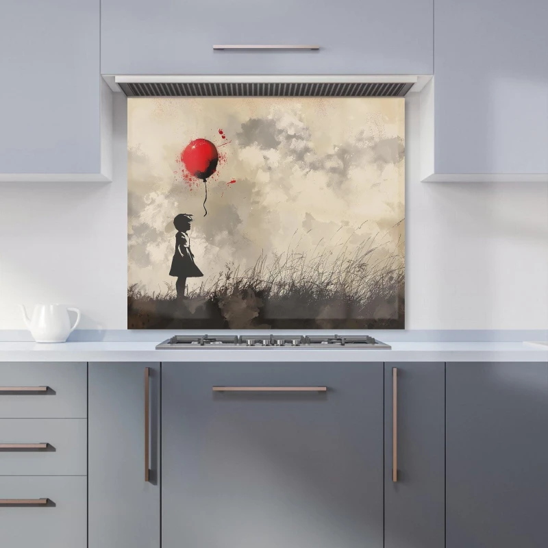 Image of Warren Reed - Designer Dreamy Banksy-Inspired with Red Balloon Kitchen Splashback in White Size: 600mm x 750mm White Unisex 600mm x 750mm