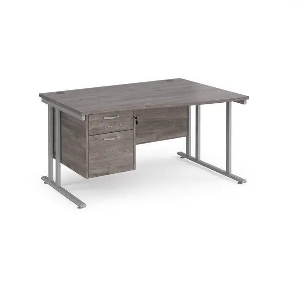 Image of Maestro 25 right hand wave desk 1400mm wide with 2 drawer pedestal - silver cantilever leg frame, grey oak top