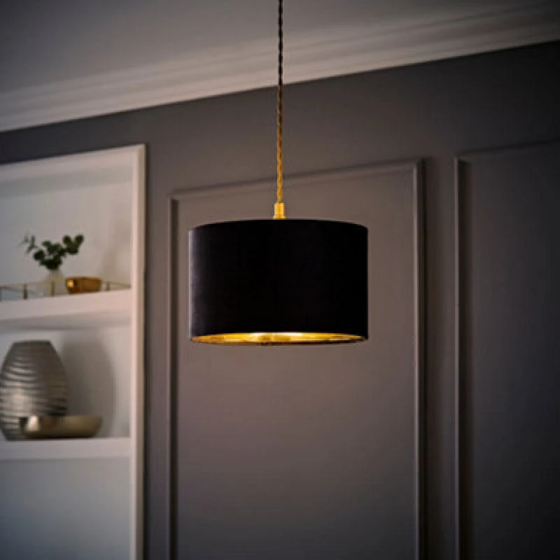 Image of ValueLights ValueLights Reni Black Velvet with Gold Inner Easy Fit Ceiling Lamp Shade and Bulb Size: Small Black Small Unisex 5059406062049