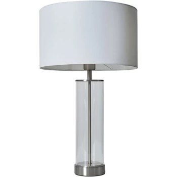 Image of Brushed Chrome & Clear Tube Table Lamp With Large Lampshade - White