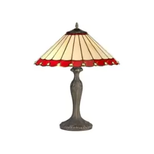 Image of Luminosa Lighting - 2 Light Curved Table Lamp E27 With 40cm Tiffany Shade, Red, Crystal, Aged Antique Brass