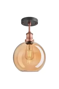 Image of Brooklyn Tinted Glass Globe Flush Mount, 9 Inch, Amber, Copper Holder