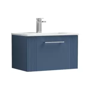 Image of Deco Satin Blue 600mm Wall Hung Single Drawer Vanity Unit with 18mm Profile Basin - DPF394B - Satin Blue - Nuie