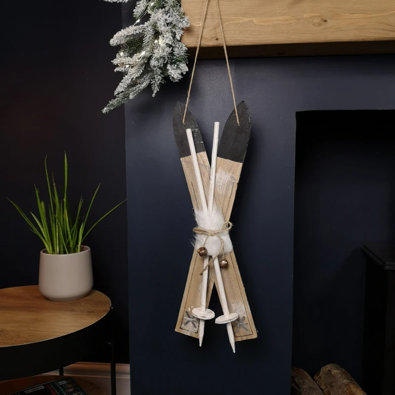 Image of 55cm Wooden Skis with Decorative White Fur and Silver Bells Christmas Decoration