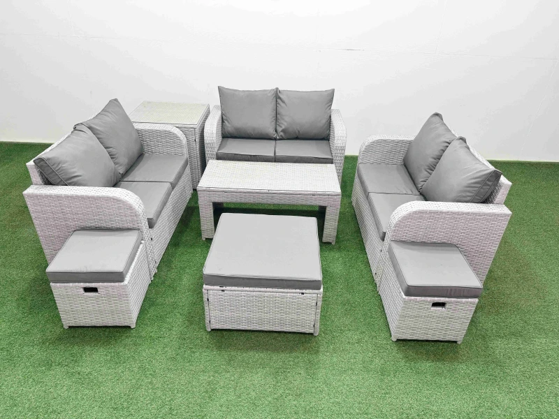 Image of Fimous 9 Seater PE Wicker Rattan Furniture Sofa Sets with Oblong Coffee Table 2 Seater Love Sofa 3 Stool Side Table Light Grey Light Grey