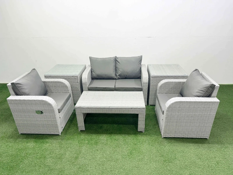 Image of Fimous Light Grey PE Wicker Rattan Garden Furniture Set Sofa Set Reclining Adjustable Chair Oblong Coffee Table 4 Seater With 2 Side Table Light Grey