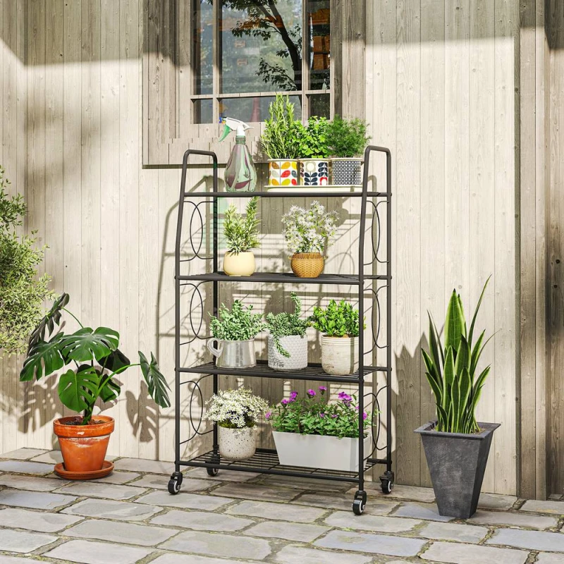 Image of Outsunny 4-Tier Metal Plant Stand, Plants Display Rack with Lockable Wheels, Black 84H-520V00BK