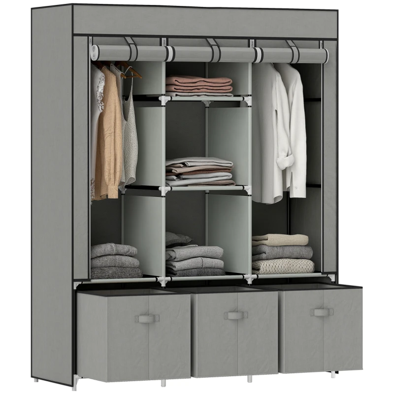 Image of HOMCOM Portable Wardrobe w/ 5 Shelves 3 Fabric Drawers and 2 Hanging Rails Grey 850-210V00LG