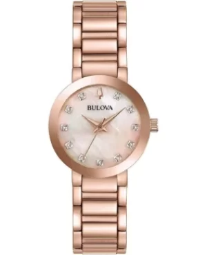 Image of Bulova Modern Mother of Pearl Diamond Dial Rose Gold Tone Stainless Steel Womens Watch 97P132 97P132