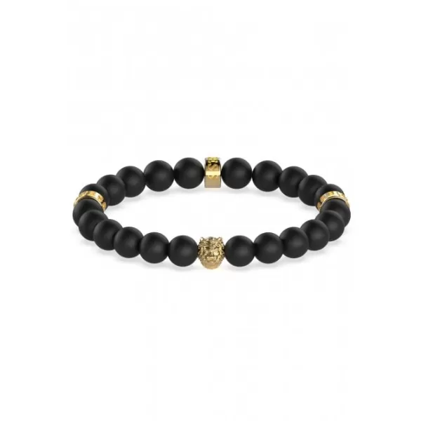 Image of Mens Gold-tone Plated Black Beads 12mm Lion Detail Bracelet UMB01303YG