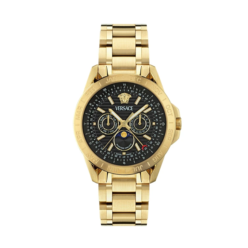 Image of Versace Mens Moonphase Analogue Quartz Watch Black/Gold male One Size