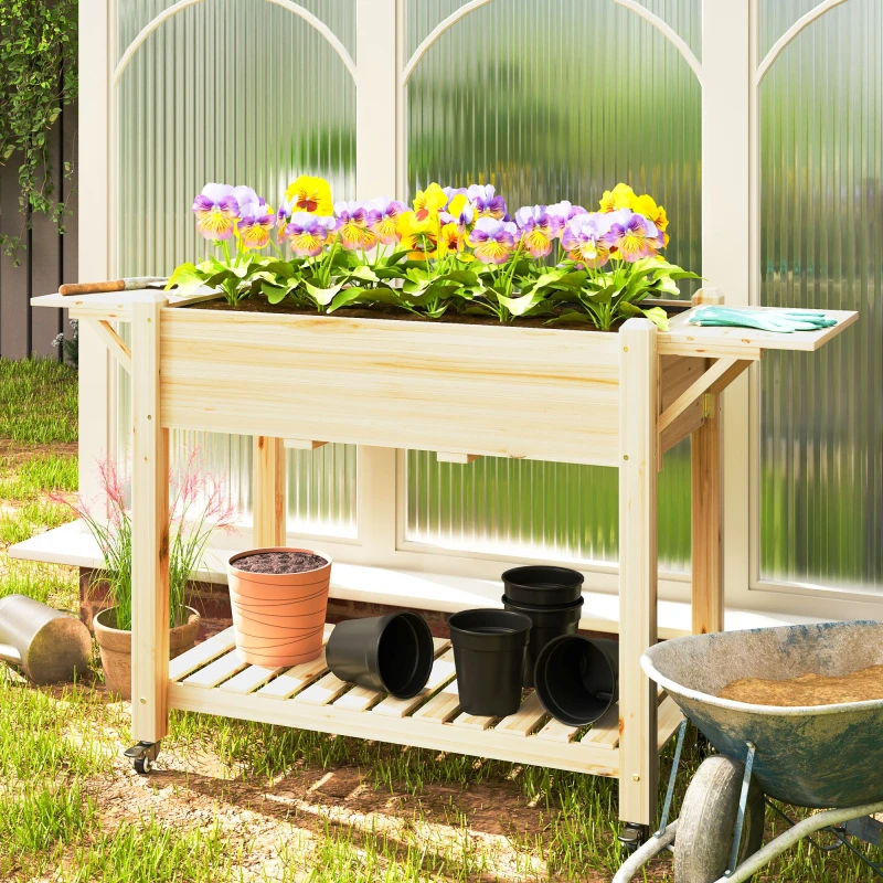 Image of Outsunny Outsunny Wooden Raised Planter with Lockable Wheels, Liner, Natural Beige