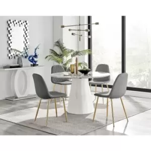 Image of Furniturebox Palma White Marble Effect 120cm Round Minimalist Dining Table & 4 Grey Corona Faux Leather Dining Chairs with Gold Legs Diamond Stitch