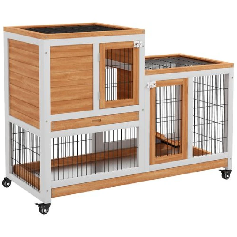 Image of PawHut Wooden Indoor Rabbit Hutch Elevated Bunny Cage w/ Enclosed Run Wheel, Yellow D51-125V00YL