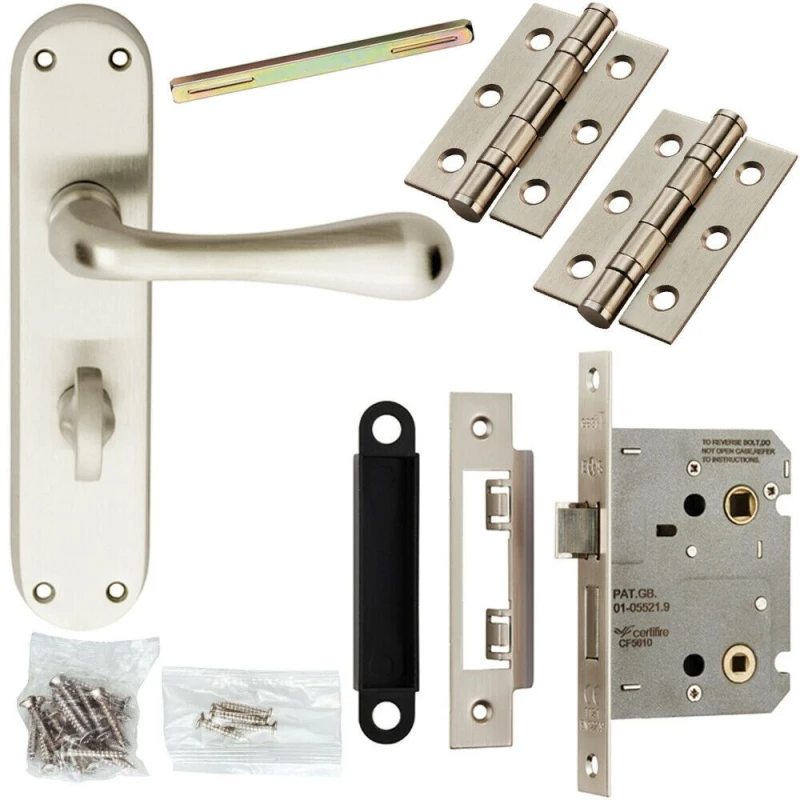 Image of Loops Door Handle & Bathroom Lock Pack Satin Chrome Smooth Flared Lever Backplate Multi