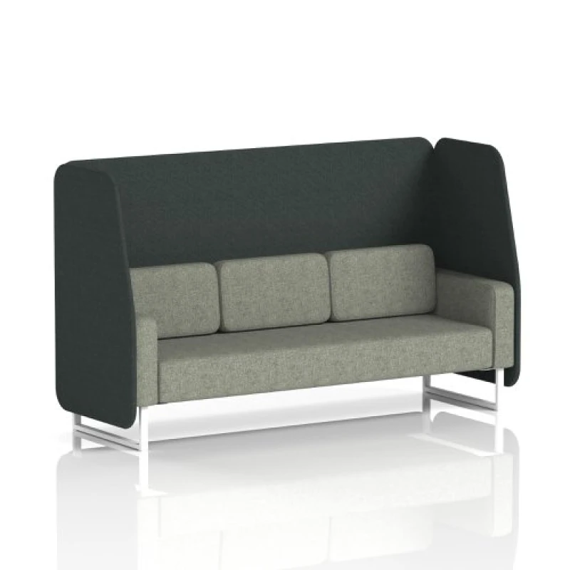Image of Brixworth 3 Seater Open Office Booth with White Legs in Rivet Fabric - Charcoal Panels and Vitreous Sofa