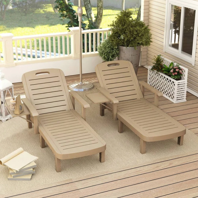 Image of OUTSUNNY Set of 2 Resin Reclining Sun Loungers for Garden, Khaki in Beige Beige Unisex