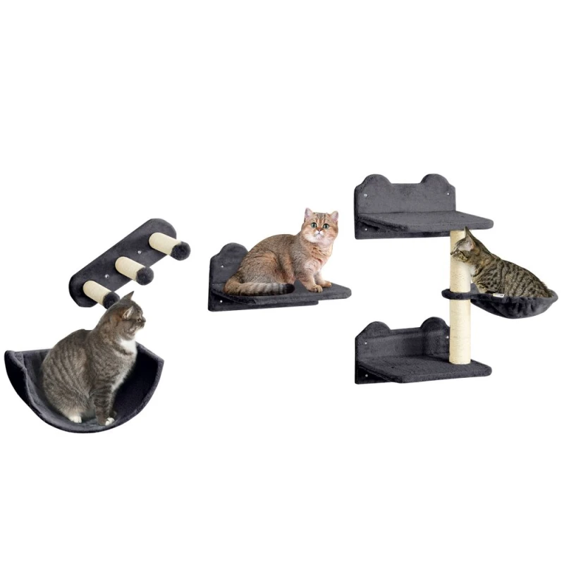 Image of PawHut 4PCs Wall Mounted Cat Tree Cat Wall Shelves W/ Scratching Post Dark Grey - Dark Grey TJ Hughes 5056725547615