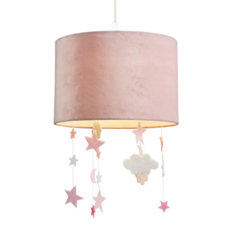 Image of Happy Homewares Soft Blush Pink Velvet Pendant Lamp Shade With Hanging Felt Stars And Clouds