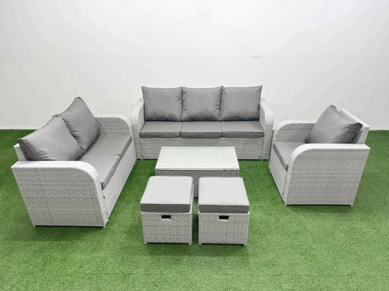 Image of Fimous Patio PE Wicker 8 Seater Outdoor Rattan Furniture Sofa Sets with Rectangular Coffee Table Reclining Chair Loveseat Sofa 3 Seater Sofa Stool Lig