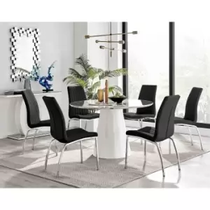 Image of Furniture Box Palma White Marble Effect Round Dining Table and 6 Black Isco Chairs
