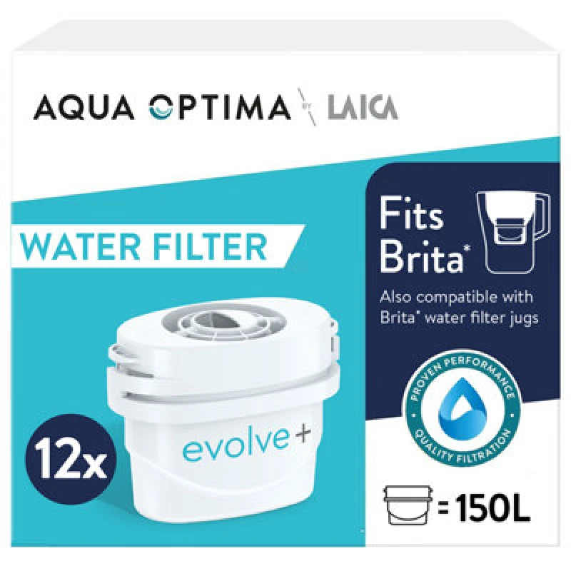 Image of Aqua Optima Evolve+ Water Filter Cartridge, 12 pack (12 Months Supply), Brita Compatible White unisex