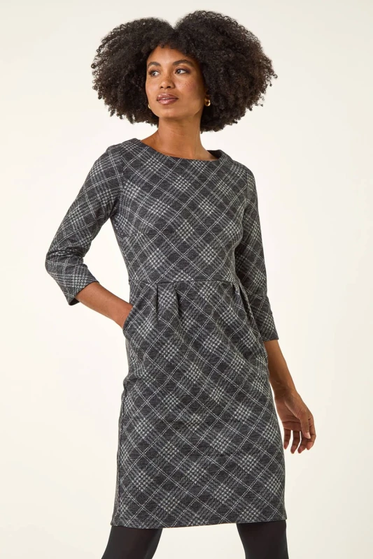 Image of Roman Womens Checked Pleat Front Shift Dress in Dark Grey Size: 16 Dark Grey Female 16