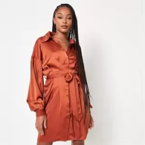 Image of Missguided Tall Satin Belted Shirt Dress - Orange