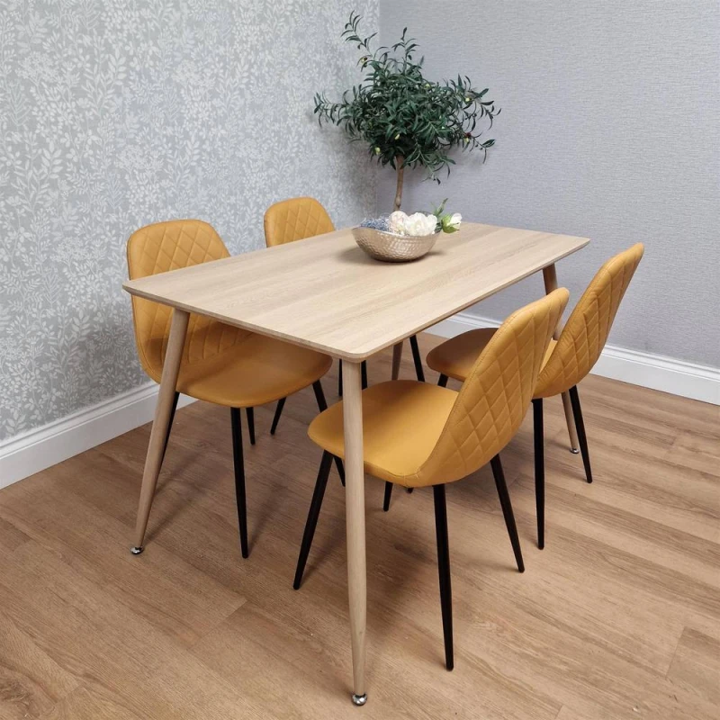 Image of KOSY KOALA Dining Table with 4 Mustard Faux Leather Chairs Dining room Furniture in Beige Size: 120cm x 70cm Beige Unisex 120cm x 70 cm