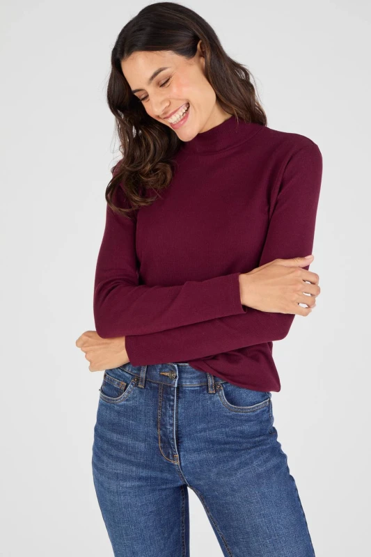 Image of Damart Womens Silk Blend Thermal Long Sleeve Roll Neck Top in Burgundy Size: XS Burgundy Female XS