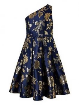 Image of Monsoon Girls Connie 1 Shoulder Jacquard Prom Dress - Navy, Size 8 Years, Women