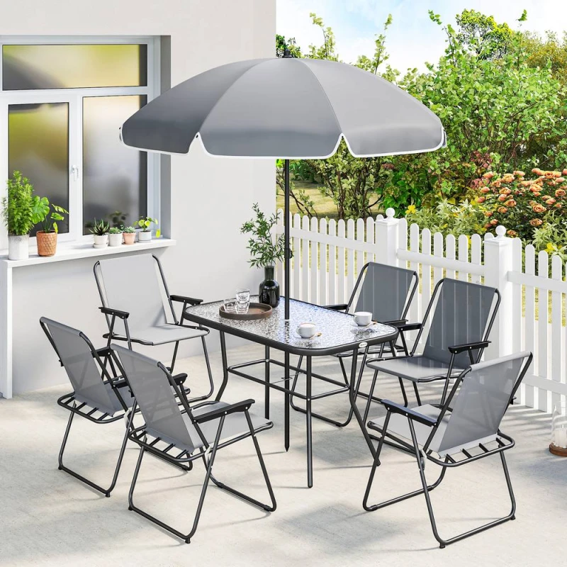 Image of OUTSUNNY 8 Piece Garden Dining Set with 6 Folding Chairs & Umbrella in Grey Grey Unisex