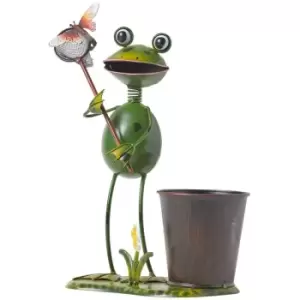 Image of Metal Frog with Butterfly Net and Flower Pot, 31cm Tall - Green - Homescapes