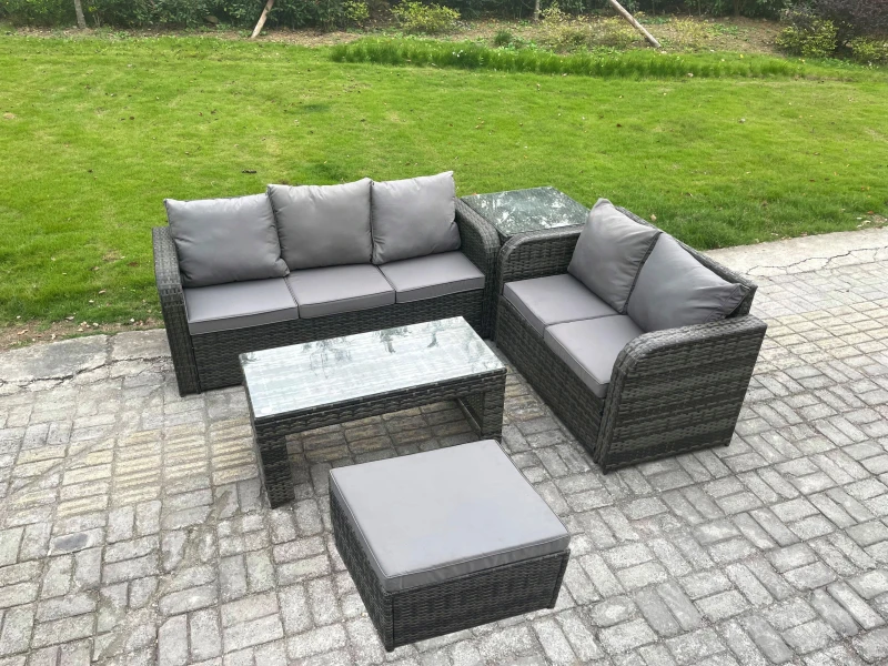 Image of Fimous Outdoor Rattan Garden Furniture Set Patio Lounge Sofa Set with Coffee Table Side Table Big Footstool Dark Grey Mixed Dark Grey