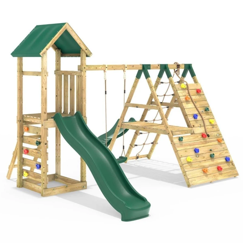 Image of Rebo Wooden Climbing Frame with Swings, Climbing Walls and Slide - Alverstone Green Green